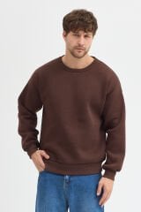 Bisiklet Yaka Erkek Oversize Sweatshirt Pamuklu Basic 3 İplik Şardonlu Kahverengi - L