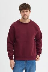 Bisiklet Yaka Erkek Oversize Sweatshirt Pamuklu Basic 3 İplik Şardonlu Bordo - 2XL