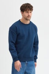 Bisiklet Yaka Erkek Oversize Sweatshirt Pamuklu Basic 3 İplik Şardonlu Lacivert - XL
