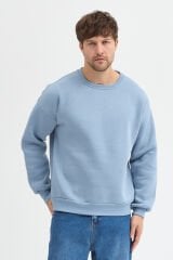 Bisiklet Yaka Erkek Oversize Sweatshirt Pamuklu Basic 3 İplik Şardonlu Mavi - 2XL