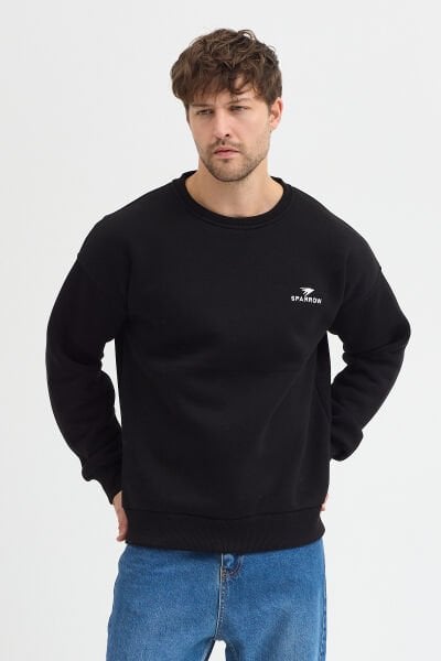 Oversize Bisiklet Yaka Şardonlu Erkek Sweatshirt 3 İplik Pamuklu Siyah - XL