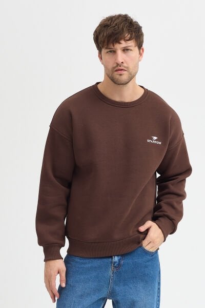 Oversize Bisiklet Yaka Şardonlu Erkek Sweatshirt 3 İplik Pamuklu Kahverengi - 2XL