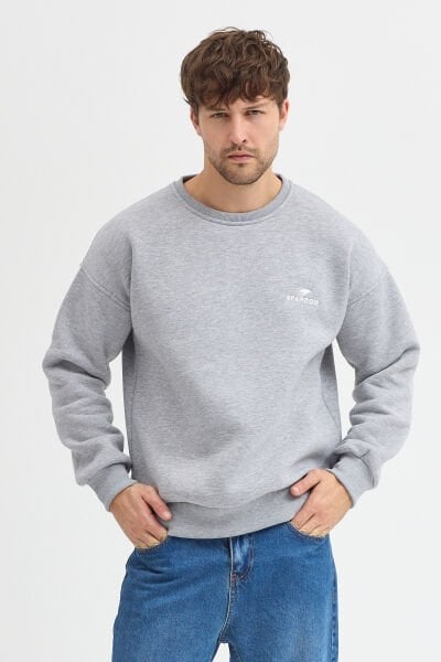 Oversize Bisiklet Yaka Şardonlu Erkek Sweatshirt 3 İplik Pamuklu Gri - M