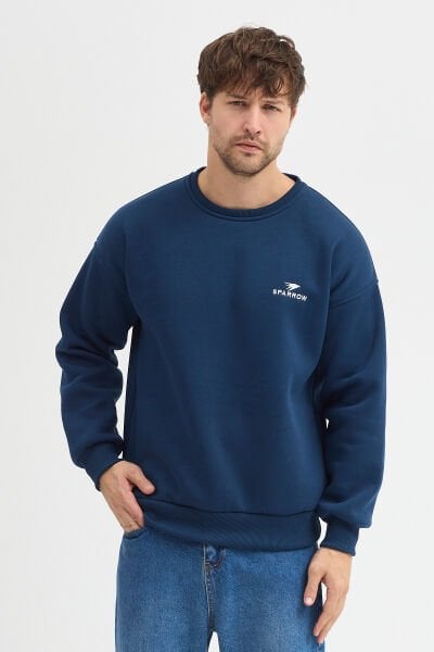 Oversize Bisiklet Yaka Şardonlu Erkek Sweatshirt 3 İplik Pamuklu İndigo - L