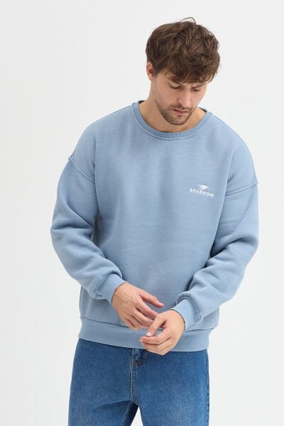 Oversize Bisiklet Yaka Şardonlu Erkek Sweatshirt 3 İplik Pamuklu Mavi - 2XL