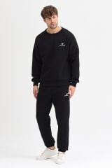 Erkek Oversize Eşofman Takımı Basic 3 İplik Şardonlu Pamuklu Nakışlı Siyah - 2XL
