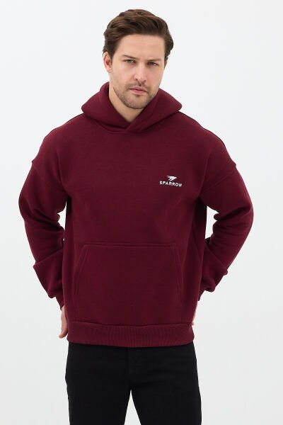 Erkek Oversize Pamuklu Kanguru Cepli Basic 3 İplik Nakışlı Kapüşonlu Sweatshirt