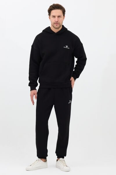 Erkek Pamuklu Nakışlı Oversize Kapüşonlu 3 İplik Kanguru Cepli Basic Eşofman Takımı