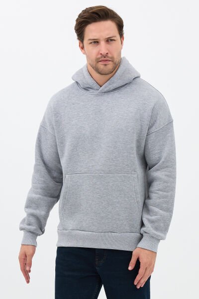 Erkek Oversize Pamuklu Kanguru Cepli 3 İplik Basic Kapüşonlu Sweatshirt Gri - 2XL