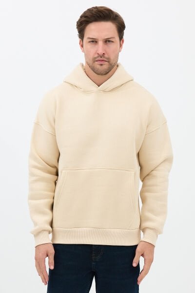 Erkek Oversize Pamuklu Kanguru Cepli 3 İplik Basic Kapüşonlu Sweatshirt Bej - XL