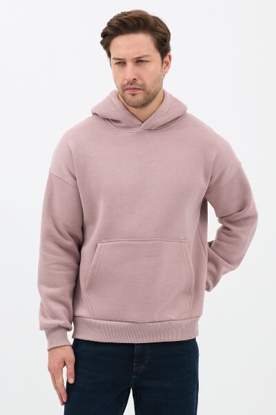 Erkek Oversize Pamuklu Kanguru Cepli 3 İplik Basic Kapüşonlu Sweatshirt Buzmenekşe - XL