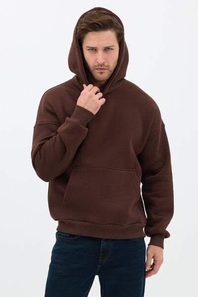 Erkek Oversize Pamuklu Kanguru Cepli 3 İplik Basic Kapüşonlu Sweatshirt Kahverengi - 2XL