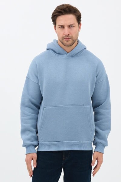 Erkek Oversize Pamuklu Kanguru Cepli 3 İplik Basic Kapüşonlu Sweatshirt Mavi - XL