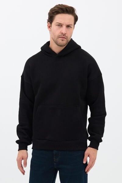 Erkek Oversize Pamuklu Kanguru Cepli 3 İplik Basic Kapüşonlu Sweatshirt Siyah - M
