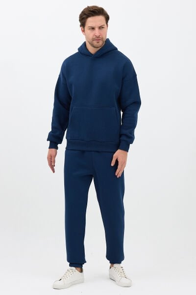 Erkek Pamuklu Eşofman Takımı Oversize Kapüşonlu 3 İplik Kanguru Cepli Rahat Kesim Lacivert - 2XL