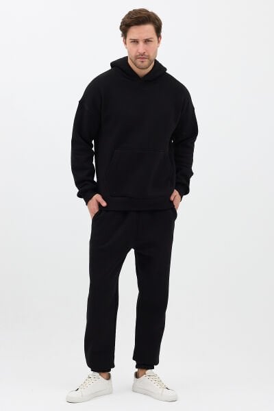 Erkek Pamuklu Eşofman Takımı Oversize Kapüşonlu 3 İplik Kanguru Cepli Rahat Kesim Siyah - 2XL