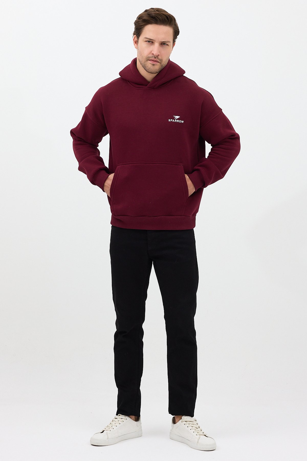Erkek Oversize Pamuklu Kanguru Cepli Basic 3 İplik Nakışlı Kapüşonlu Sweatshirt Bordo - M