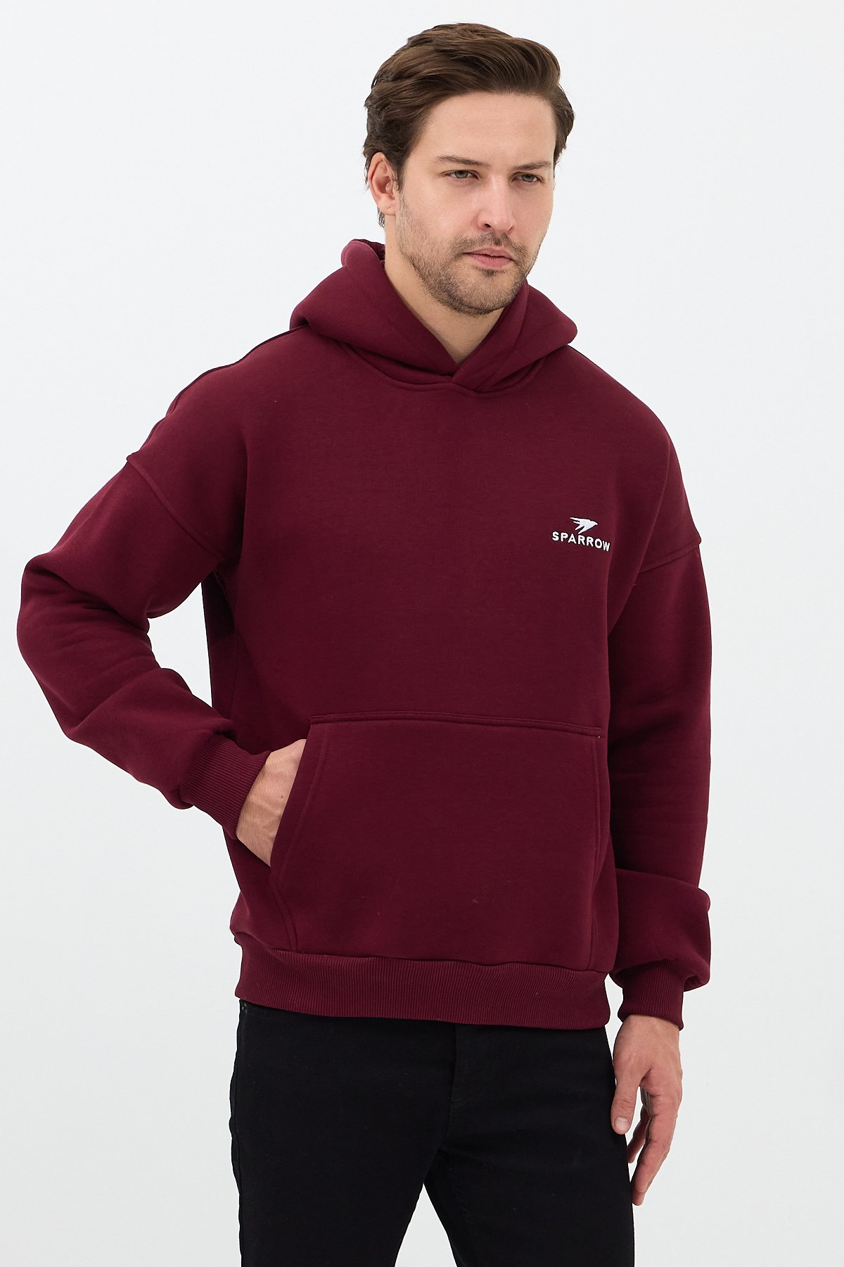 Erkek Oversize Pamuklu Kanguru Cepli Basic 3 İplik Nakışlı Kapüşonlu Sweatshirt Bordo - L