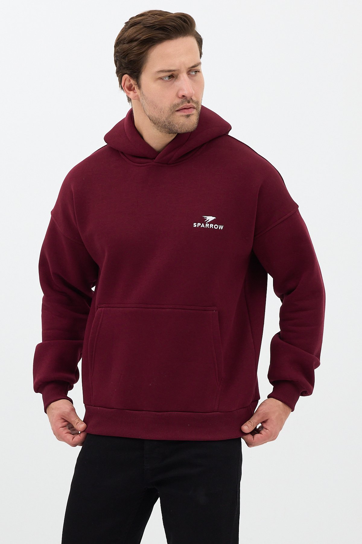 Erkek Oversize Pamuklu Kanguru Cepli Basic 3 İplik Nakışlı Kapüşonlu Sweatshirt Bordo - L