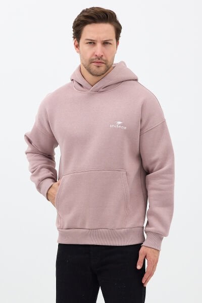 Erkek Oversize Pamuklu Kanguru Cepli Basic 3 İplik Nakışlı Kapüşonlu Sweatshirt Buz Menekşe - L