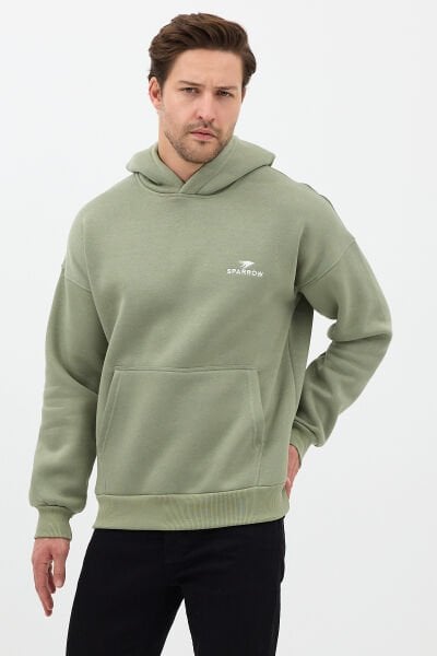 Erkek Oversize Pamuklu Kanguru Cepli Basic 3 İplik Nakışlı Kapüşonlu Sweatshirt Buz Yeşil - M