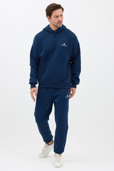 Erkek Pamuklu Nakışlı Oversize Kapüşonlu 3 İplik Kanguru Cepli Basic Eşofman Takımı Lacivert - 2XL