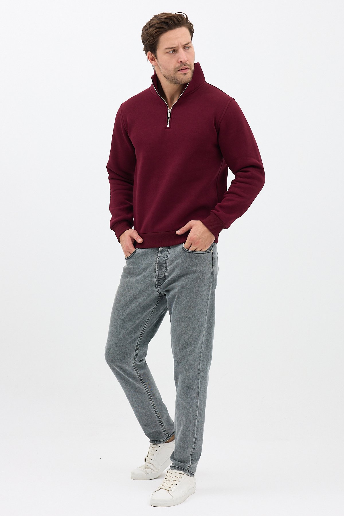 Unisex Regular Fit Pamuklu Dik Yaka Yarım Fermuarlı Sweatshirt Bordo - L
