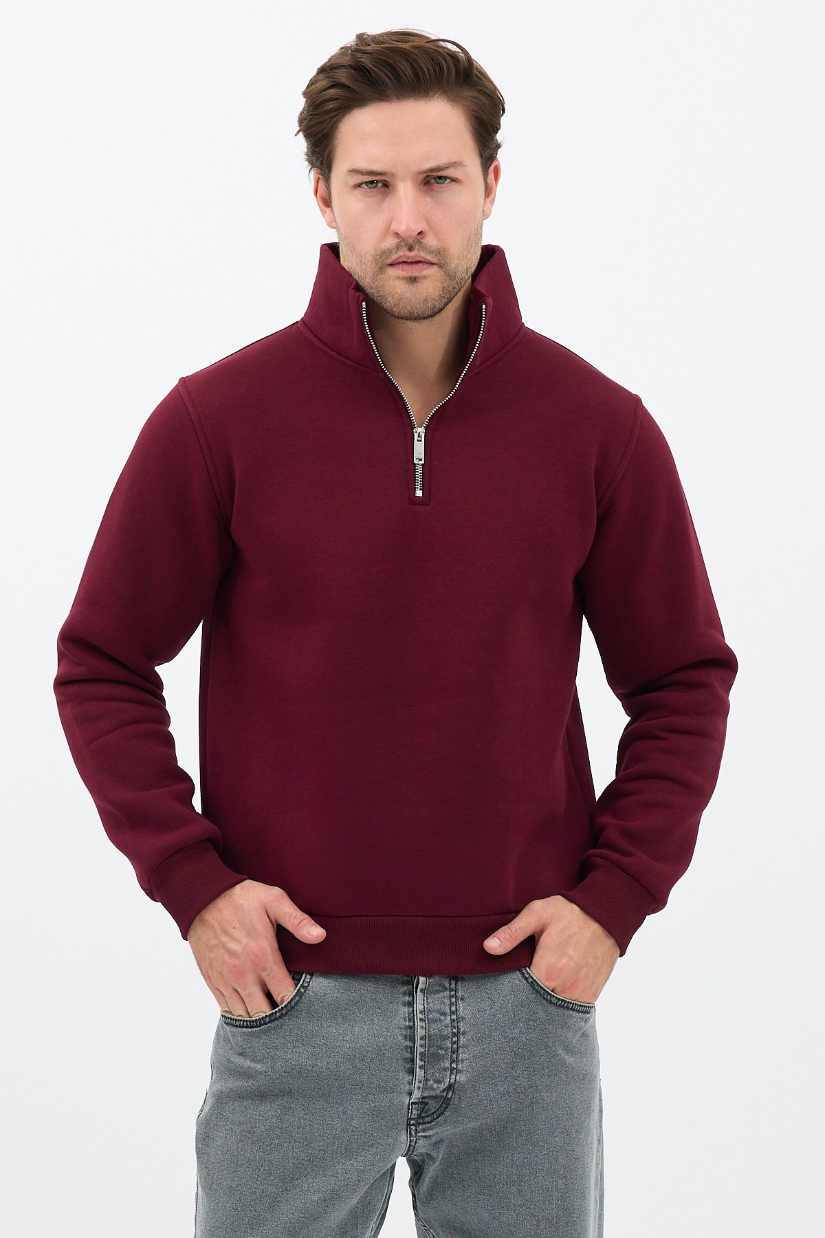 Unisex Regular Fit Pamuklu Dik Yaka Yarım Fermuarlı Sweatshirt Bordo - 2XL