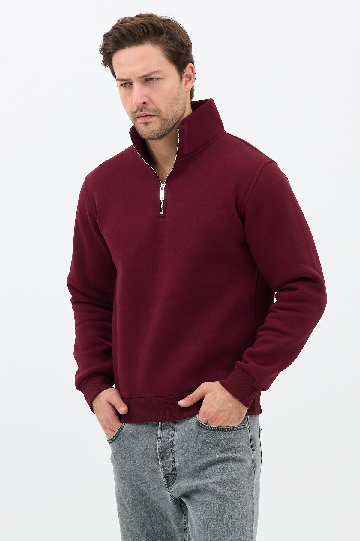Unisex Regular Fit Pamuklu Dik Yaka Yarım Fermuarlı Sweatshirt Bordo - M