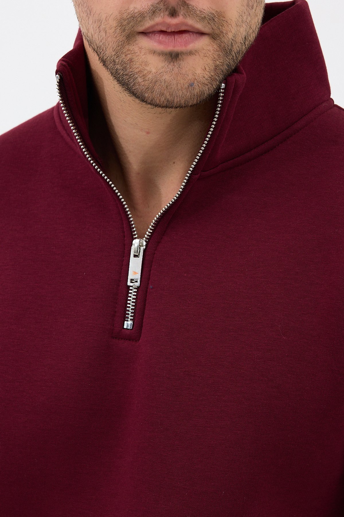 Unisex Regular Fit Pamuklu Dik Yaka Yarım Fermuarlı Sweatshirt Bordo - M