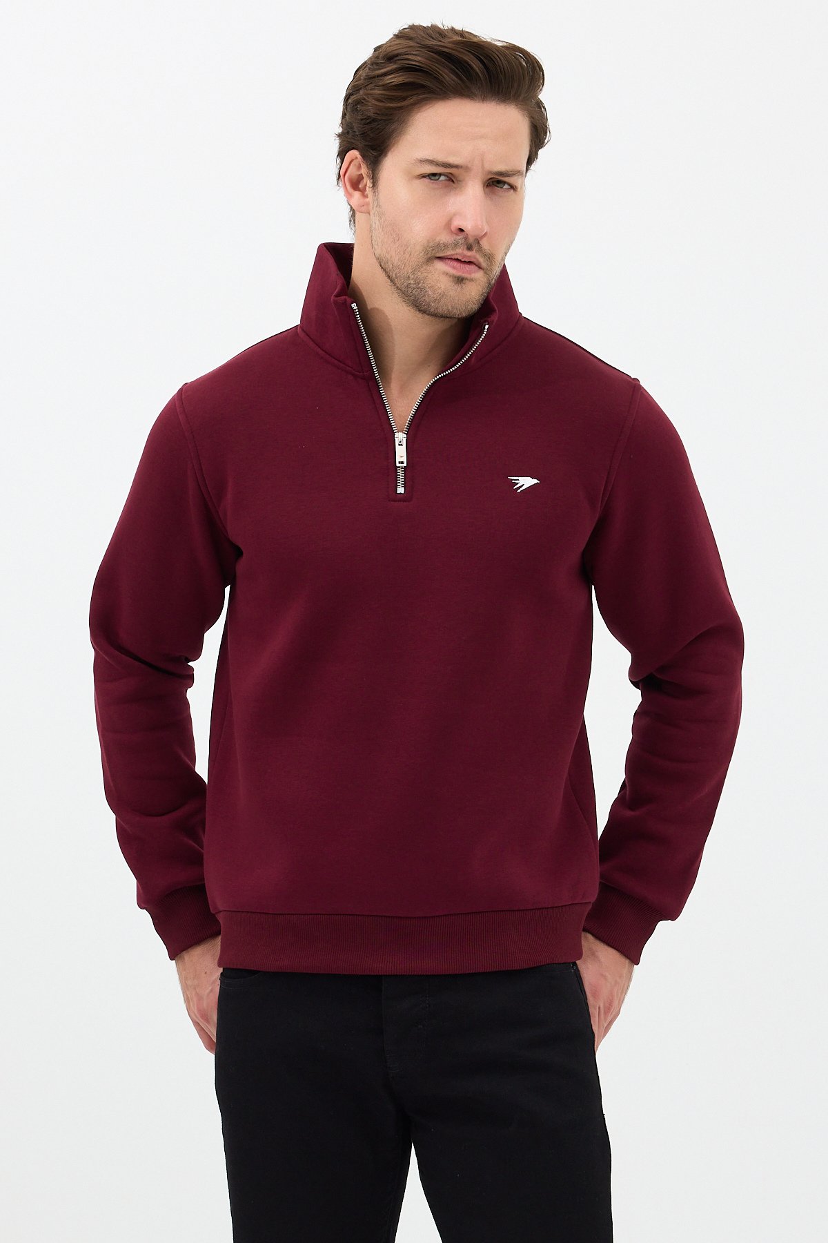 Regular Fit Dik Yaka Pamuklu Unisex Yarım Fermuarlı Nakışlı Sweatshirt Bordo - 2XL