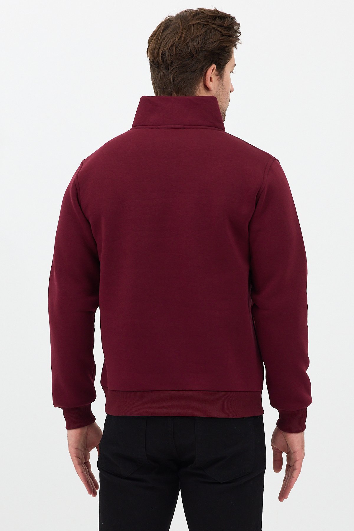 Regular Fit Dik Yaka Pamuklu Unisex Yarım Fermuarlı Nakışlı Sweatshirt Bordo - L