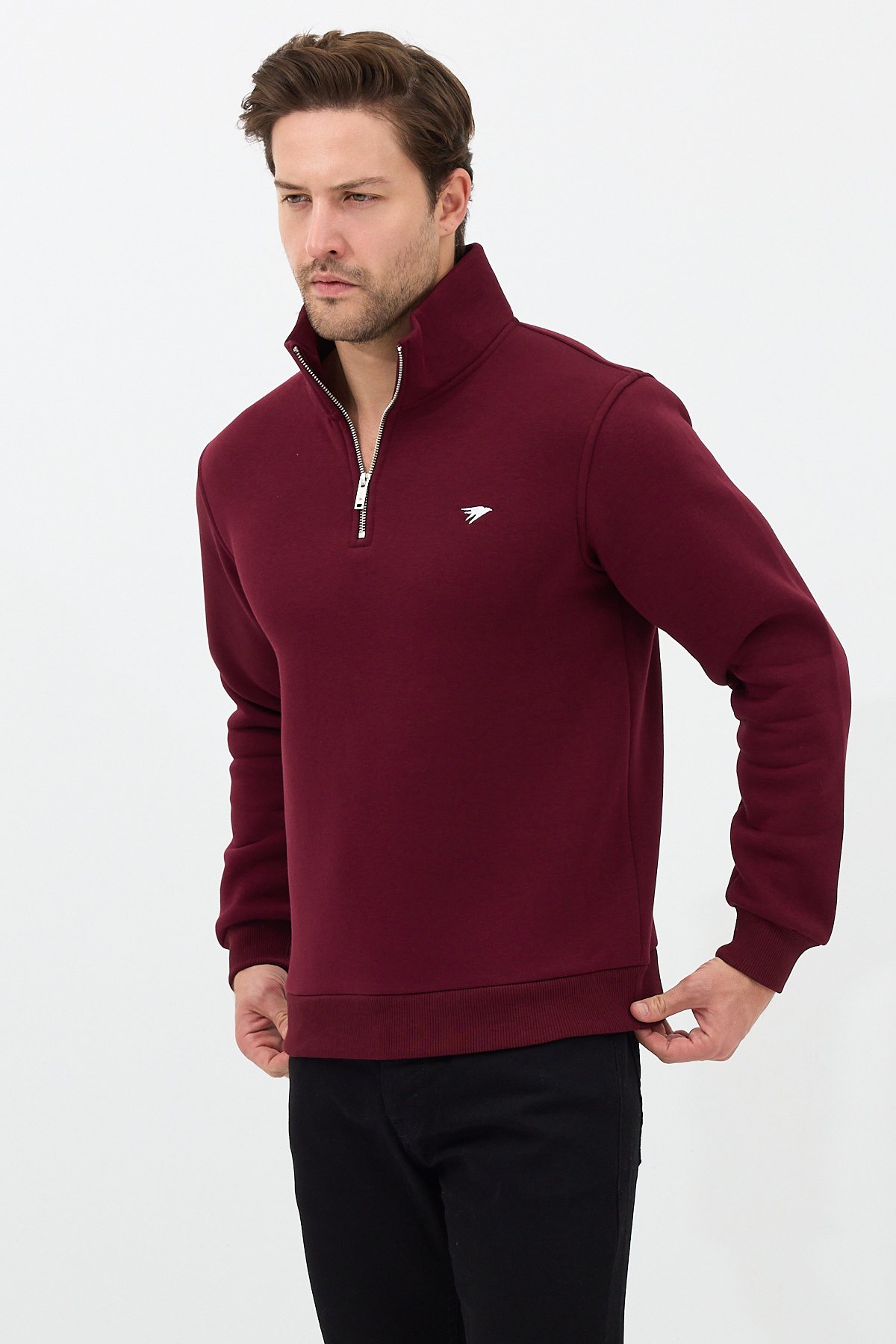 Regular Fit Dik Yaka Pamuklu Unisex Yarım Fermuarlı Nakışlı Sweatshirt Bordo - M