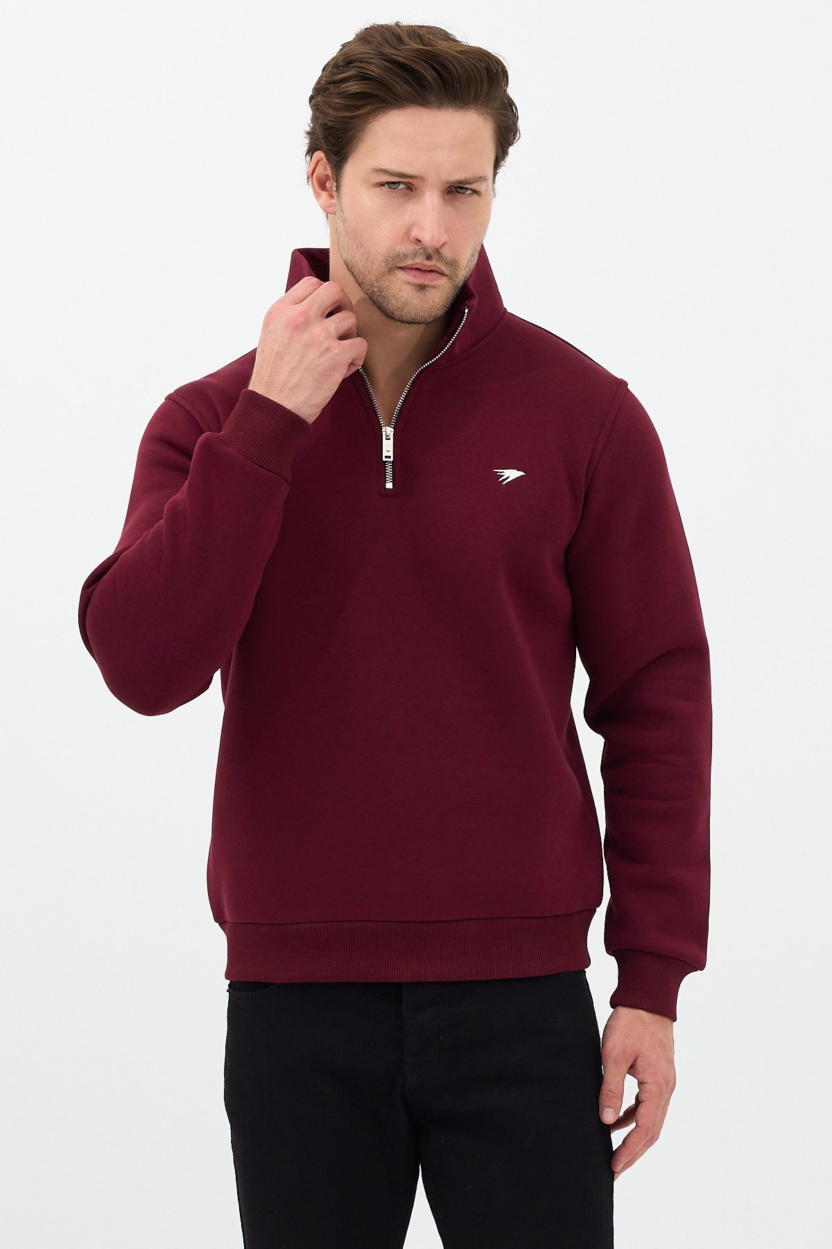 Regular Fit Dik Yaka Pamuklu Unisex Yarım Fermuarlı Nakışlı Sweatshirt Bordo - S