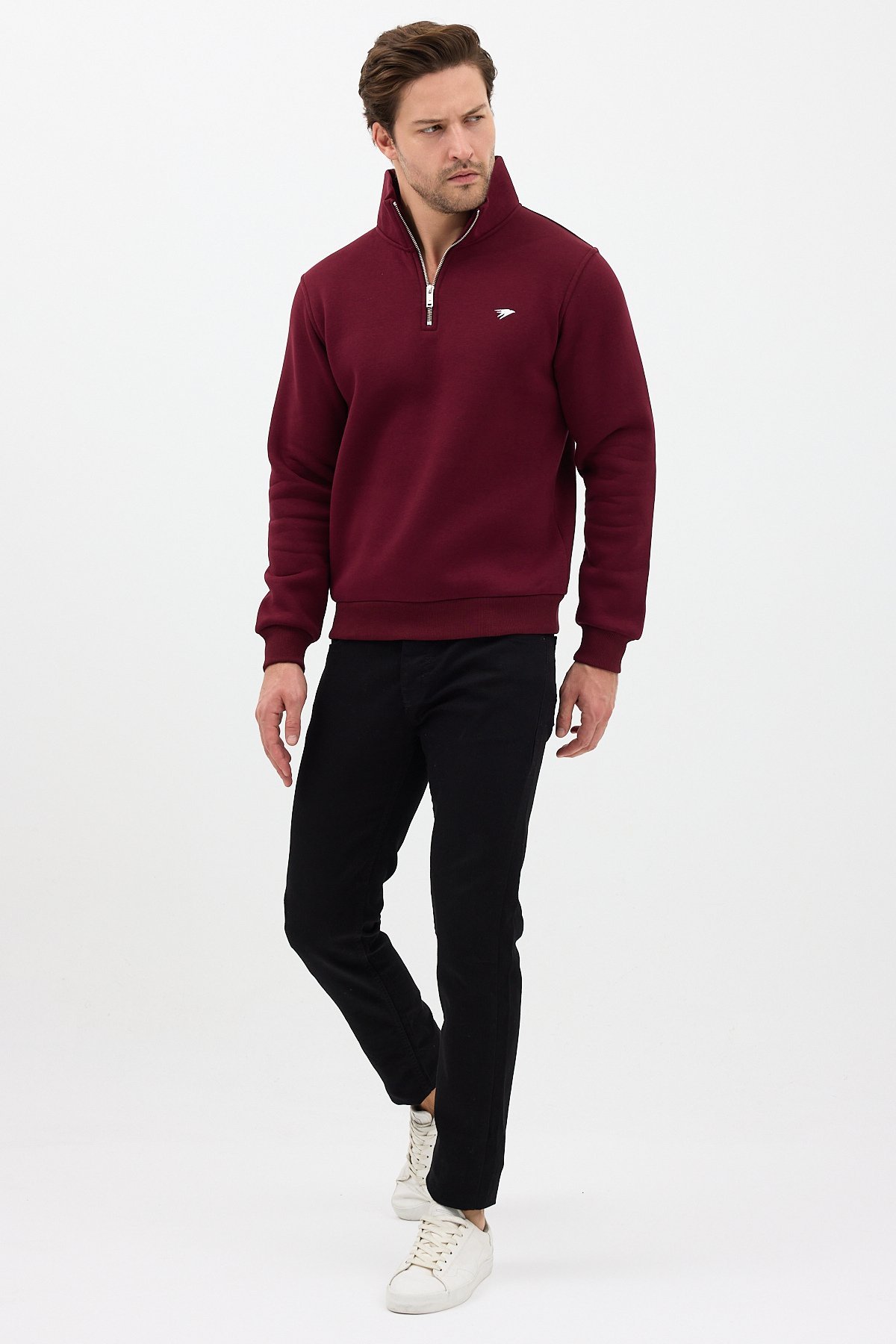 Regular Fit Dik Yaka Pamuklu Unisex Yarım Fermuarlı Nakışlı Sweatshirt Bordo - S