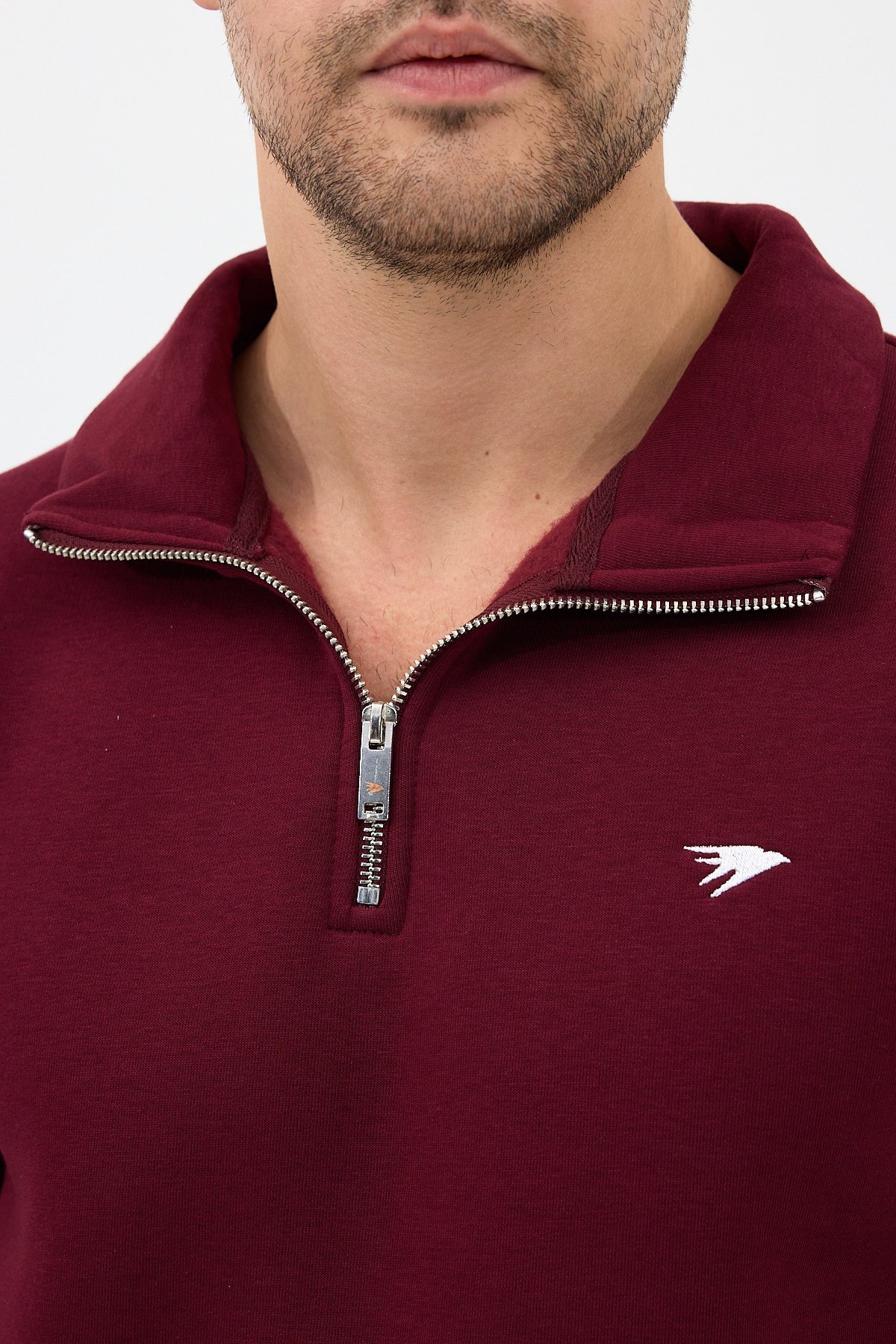 Regular Fit Dik Yaka Pamuklu Unisex Yarım Fermuarlı Nakışlı Sweatshirt Bordo - S