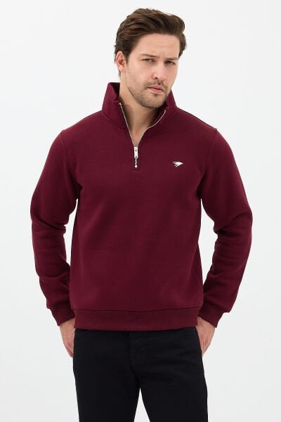 Regular Fit Dik Yaka Pamuklu Unisex Yarım Fermuarlı Nakışlı Sweatshirt Bordo - S