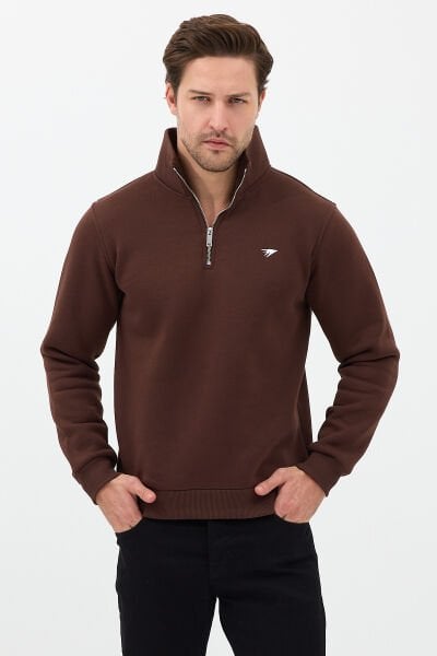 Regular Fit Dik Yaka Pamuklu Unisex Yarım Fermuarlı Nakışlı Sweatshirt Kahverengi - 2XL