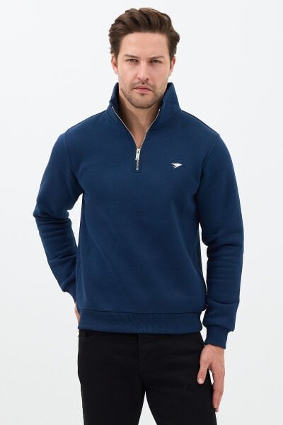 Regular Fit Dik Yaka Pamuklu Unisex Yarım Fermuarlı Nakışlı Sweatshirt Lacivert - S