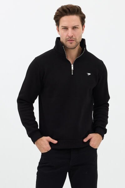 Regular Fit Dik Yaka Pamuklu Unisex Yarım Fermuarlı Nakışlı Sweatshirt Siyah - L